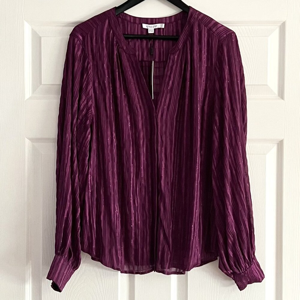 Chico's top sweet berry purple split neck long sleeve crinkle blouse 3 (16) NWT